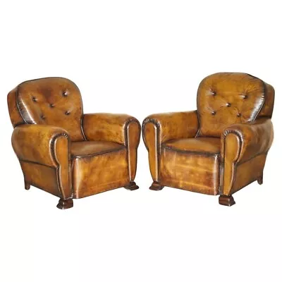 Fine Antique Pair Of Art Deco Fully Restored Cigar Brown Leather Club Armchairs • £7000