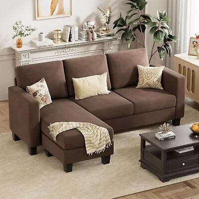 Brown Fabric L-Shaped Sectional Sofa Living Room Couch With Reversible Ottoman • $324.99