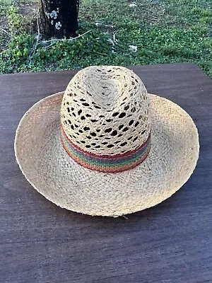 Vintage Straw Jute Boater Hat Italy Rainbow Band Beach Vacation Travel • $34.91