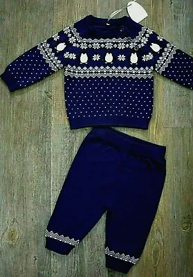 £11.99 • Buy Soft Warm Navy Knitted Penguin Fair Isle Jumper & Trousers 2pc Baby Outfit Set
