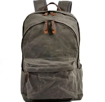 Men Waterproof Oil Wax Canvas+Real Leather Backpack Sport Travel Bag Book Bag L • $43.69