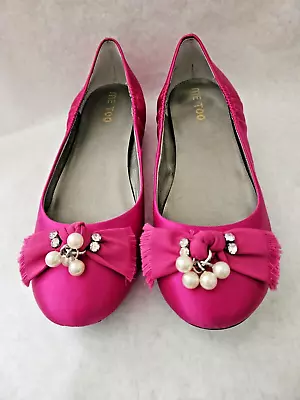 Woman's Shoe Sz 12 Med Ballet Flat Slip-on Satin Fuchsia Bow Pearls Rhinestones • $25