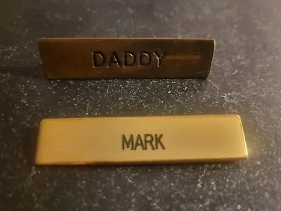 2 Vintage Metal Engraved Name Tag Badge Pins Both 2.5  Long 1 Mark 1 Daddy  • $14.99