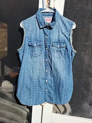 True Religion Biker Style Men's Denim Vest Pearl Snap Vest Lightweight M Western • $30