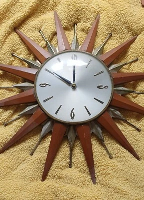 £16 • Buy Vintage Metamec Sunburst Wall Clock In Teak And Brass Not Working See Descriptio