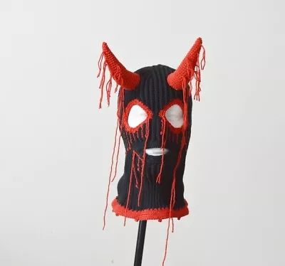 Custom Creepy Devil Horns Beanie Ski Mask 3 Holes Balaclava Halloween Goth Hat • $140