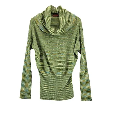 Missoni Wool Cowl Neck Tunic Sweater Size 8 US Green Striped Long Sleeve Flawed • $65