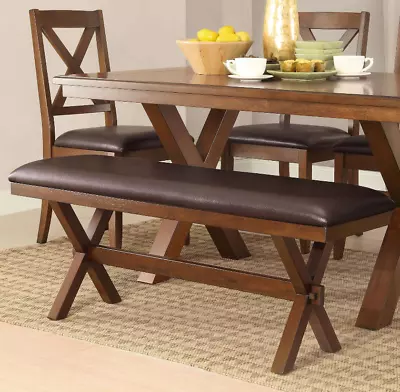 Dining Bench Padded Seat Faux Leather Modern Kitchen Entryway Stool Wood Brown • $109.99