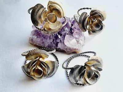 Vintage Metal Rose Flower Serviettes Napkin Ring Holders Set Of Four Pre Owned • $19