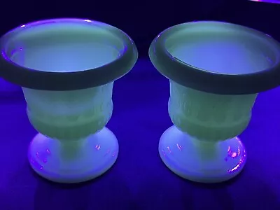 Set 2 MacBeth Evans Uranium Grecian Urn Milk Textured Footed Planter Vase 3in • $28