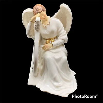 O'WELL ANGEL With HARP Large Figurine White Ivory Iridescent Wings Gold Trim • $30