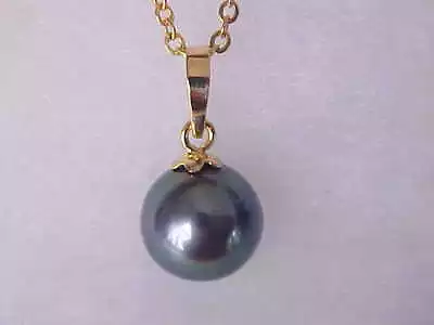 9.6mm Aaa Genuine Round Black Saltwater Pearl Pendant Solid 18k Yellow Gold • $89