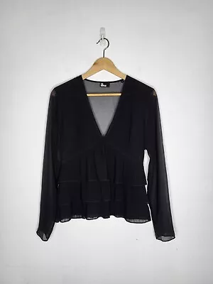 THE KOOPLES Women's V-neck Long Sleeve Pleated Peplum Blouse Black Size 2 • $45