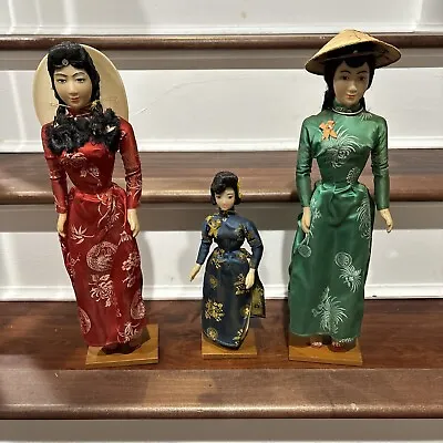 Set Of 3 Vintage Vietnamese Dolls On Wooden Base 17” & 11” Tall Has Loose Arms ! • $150