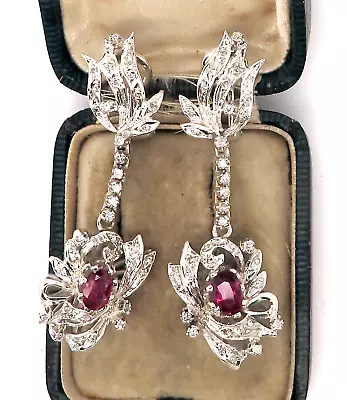 Vintage Palladium ART DECO ANTIQUE DIAMOND RUBY CHANDELIER DROP Earrings #M • $649.95