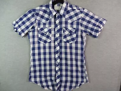 H Bar C Mens Shirt Large Blue Plaid Pearl Snap Short Sleeve Western Vintage USA • $34.99