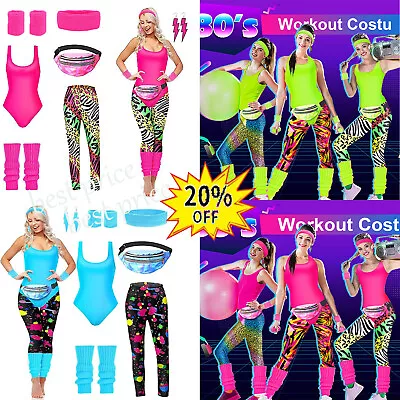 7Pcs 80s Women Workout Costume Party Fancy Dress 90's T-shirt Bag Accessory Set • $33.71