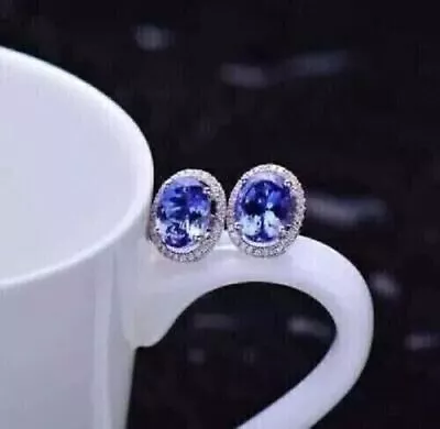 4Ct Oval Cut Lab-Created Blue Tanzanite Halo Stud Earrings 14K White Gold Plated • £90.98