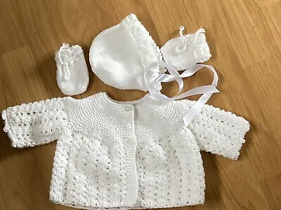 Baby New Hand Knit/crochet  Cardigan/matinee Coat Hat And Mitts   0-3 Months • £16