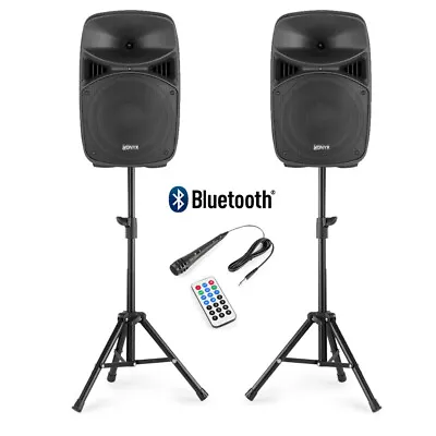 2x VPS102 Active PA Speakers 10  DJ Disco Sound System With Stands & Microphone • £169