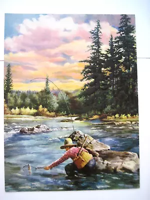 Beautiful Vintage Sample Calendar Print Of Man Fly Fishing - Embossed  * • $36