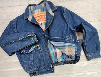 VTG Rare LEVIS Mens L Denim Big Label Full Zip A-2 Bomber Jacket Plaid Lined • $116.22