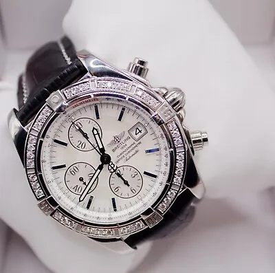 Breitling Chronomat Evolution 44mm Custom Diamond Bezel White Dial Black Leather • $4799