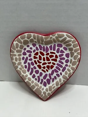 Heart Shaped Mosaic Candle Dish - Red Purple Beige And White 4.98” X 4.71” • $14.99
