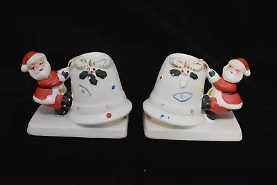 Vintage Pair Napco Napcoware Christmas Candleholder Santa Bells Holly • $18