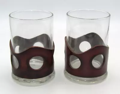 MID-CENTURY MODERN GLASS TUMBLERS With LEATHER BAND SLEEVES - SET OF 2 • $28