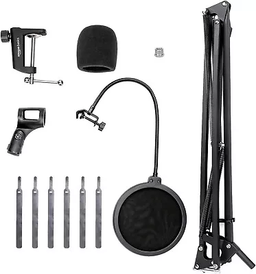 Amazon Basics Microphone Boom Arm Scissor Stand + Mic Pop Filter 19  Black • £13.98