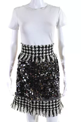 Dolce & Gabbana Womens Sequined Fringe Skirt Black White Wool Size EUR 36 • $54