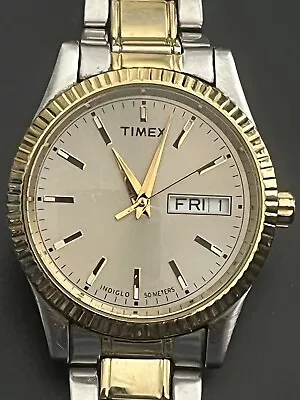Timex Men's Indigo Watch WR 50 Meters Gold Tone Date Day D/D W5 Light • $9.95