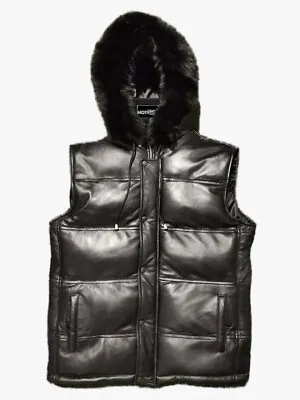 New Men's Real Lambskin Leather Bubble Puffer Vest Black Fox Fur Hood Removable • $149.99