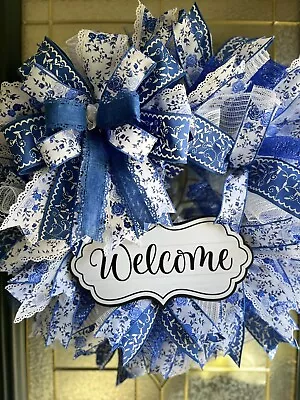 Blue And White Floral Wreath Deco Mesh Wreath Welcome Wreath Free Shipping • $90