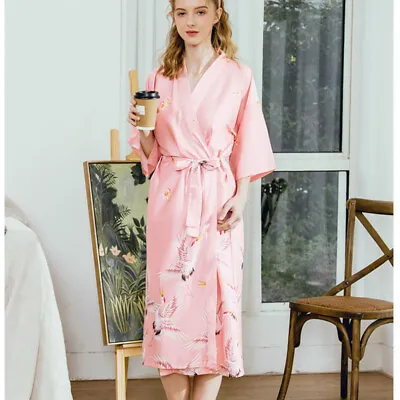 £20.99 • Buy Lady Japanese Kimono Coat Yukata Outwear Long Bathrobe Tops Faux Silk Crane Soft