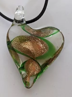 Murano Green & Gold Heart Glass Pendant On Black Thong Necklace D29 • £6