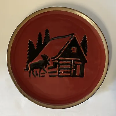 Clay Art Lodge Hand Painted Serving Platter Plate 13  Inch Red Black Moose Cabin • $17