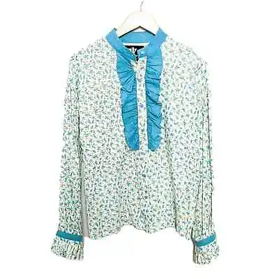 Von Lancelot Blue Floral Ruffle Jabot Collar Retro Cosplay Button Down Shirt 12 • $40