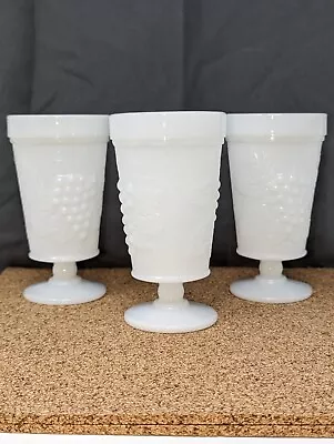 WHITE MILK GLASS VINTAGE Lot Of 3 - 8oz Footed Harvest Grapes Goblet Glasses • $12