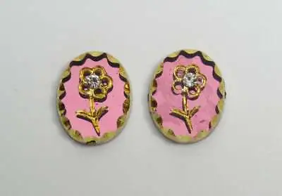 $5.49 • Buy Vintage Glass Flower Cabochons 10X8mm Gold On Rose Pink Made In Germany 2pcs