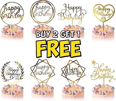 Cake Topper Birthday Party Happy Decoration Acrylic Supplies New Glitter Gold U • £1.75