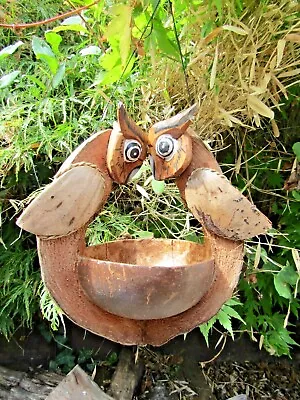 Fair Trade Hand Made Wooden Coconut Owl Bird Hanging Bird Seed Feeder Station • £999.99