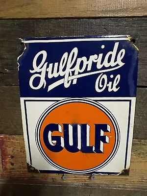 Vintage Gulf Porcelain Sign Gulfpride Motor Oil Placard Gasoline Gas Station • $165.59