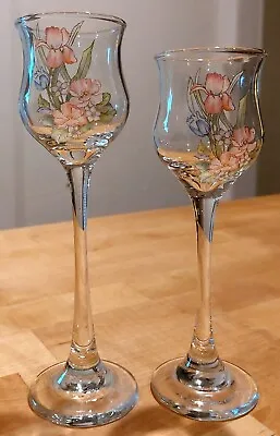 Pair Long Stem GLASS CANDLE HOLDER Tea Light Votive Hand Painted Bearded Iris • £6.18