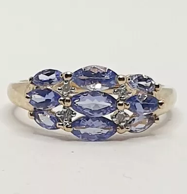 QVC Tanzanite Marquise & Diamond  Cluster Band Ring 9ct Yellow Gold Size O • £145