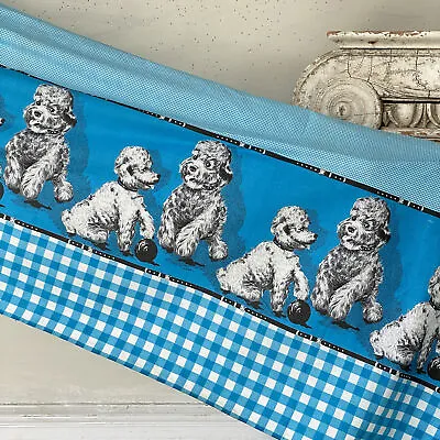 1940's ~ Vintage Fabric Per Yard Conversational Blue Puppy Poodle Pattern Dogs  • $45