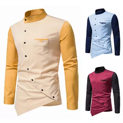 Men's Shirts Oblique Buttons Irregular Contrast Long Sleeves Casual Autumn • $33.99