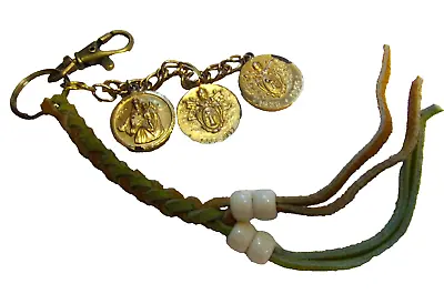 Catholic Keychain Key Ring W/Pope Token Coins & Vintage Braided Leather • $11.50