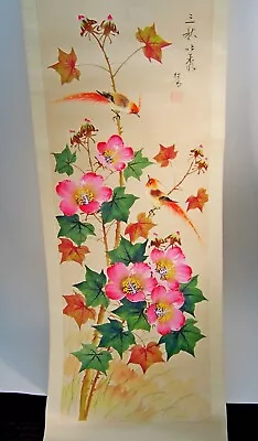 Vintage Chinese Scroll Painting On Silk Paper Vivid Birds And Flowers Signed • $25